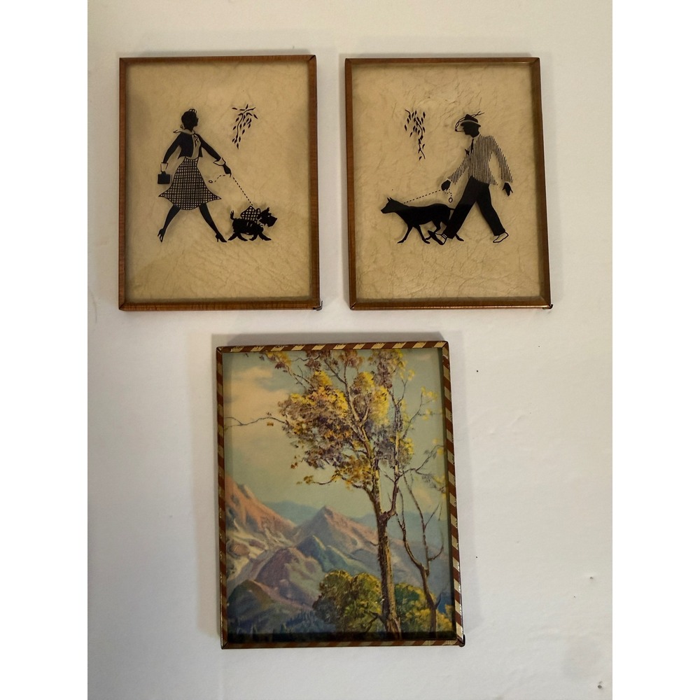 Vintage Miniature Framed Art Set Silhouette Dog Walkers & Mountain Landscape 3pc